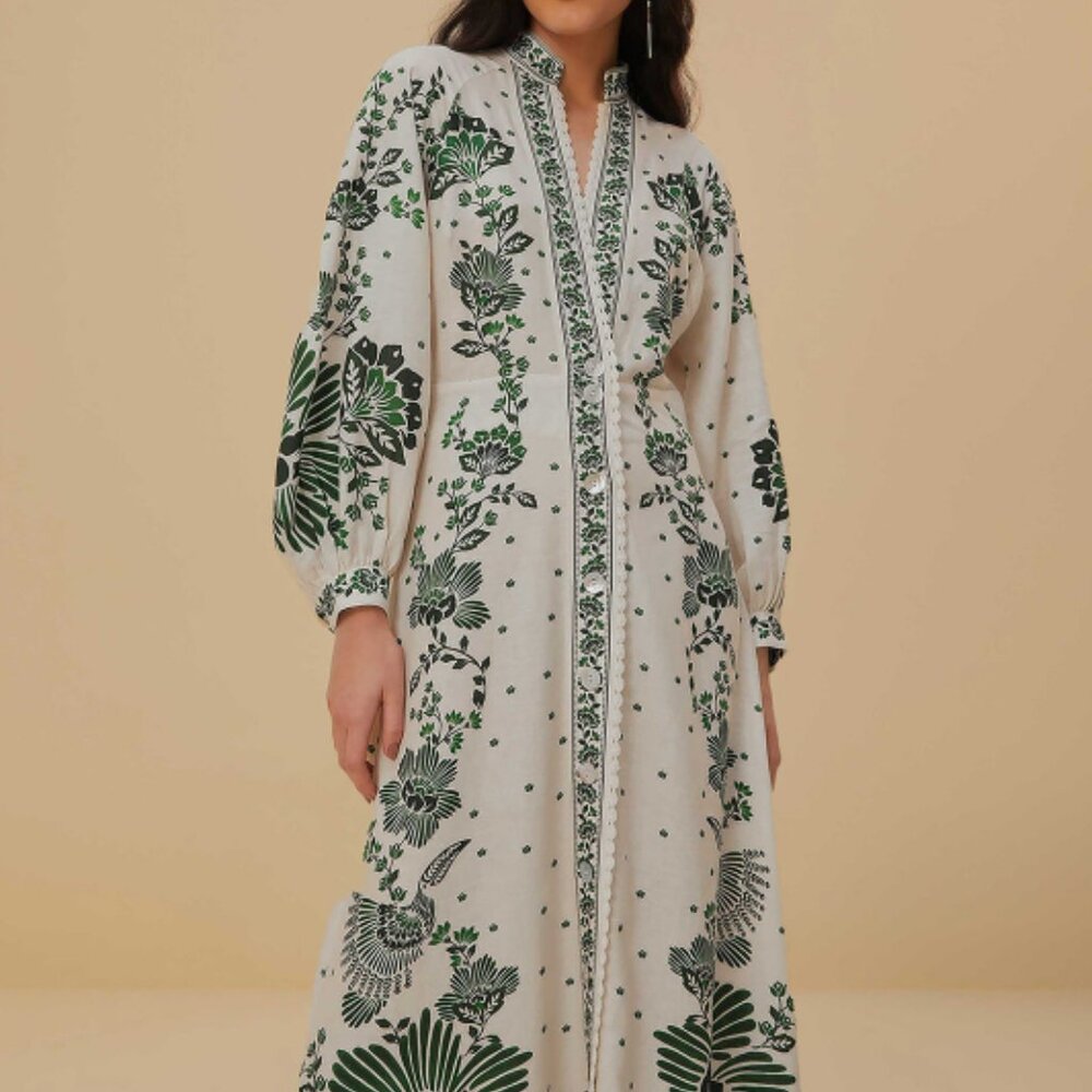 Farm Rio Green and White Forest soul off-white maxi dress NWT (XS)